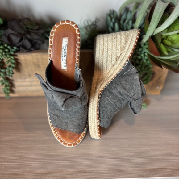 London Fog Canvas Espadrille Wedge High Heel Slip-on  Knot Tie - Grey - Picture 3 of 6